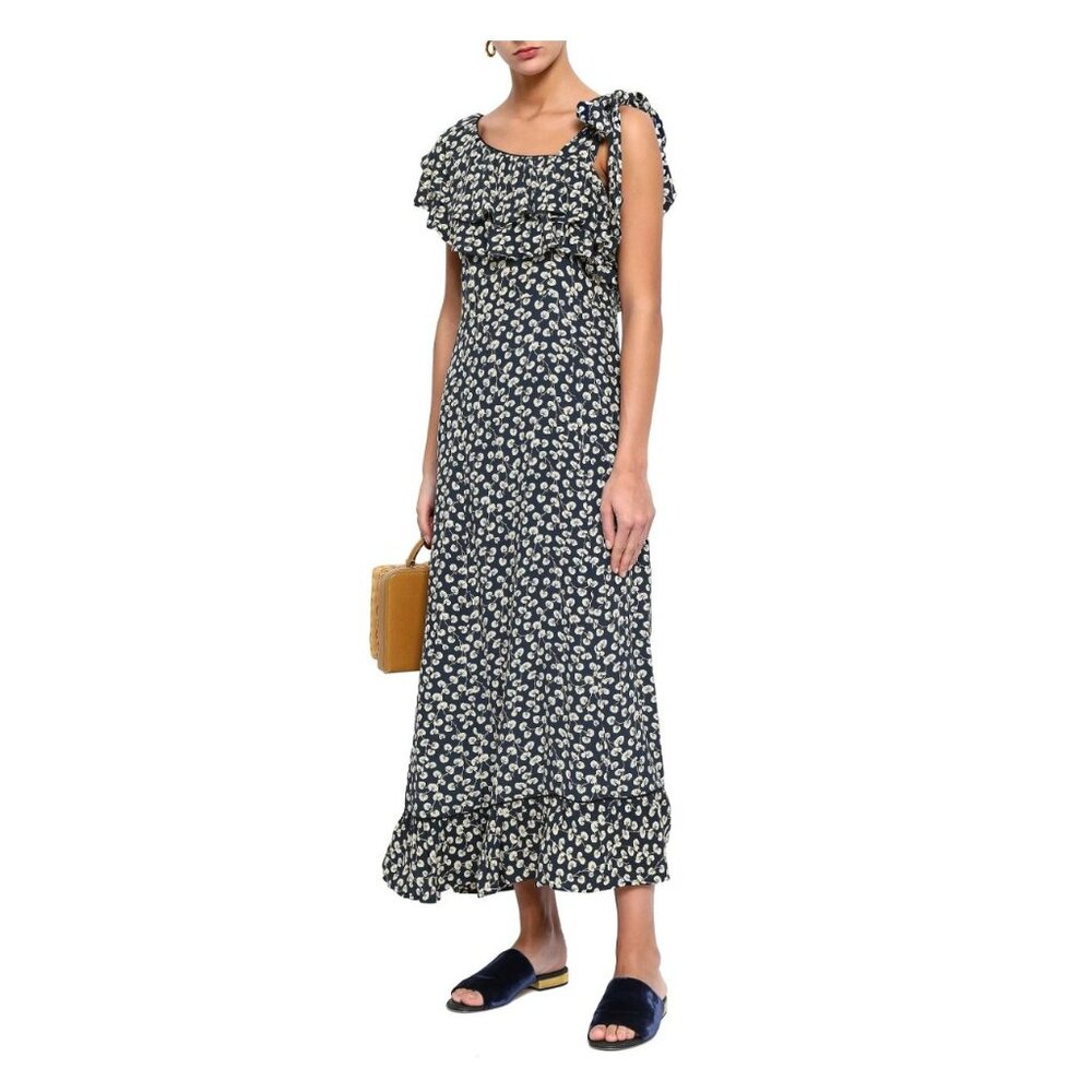 Ganni Roseburg Crepe Dress Maxi Tie Strap Total Eclipse Navy Leaf Print US 4